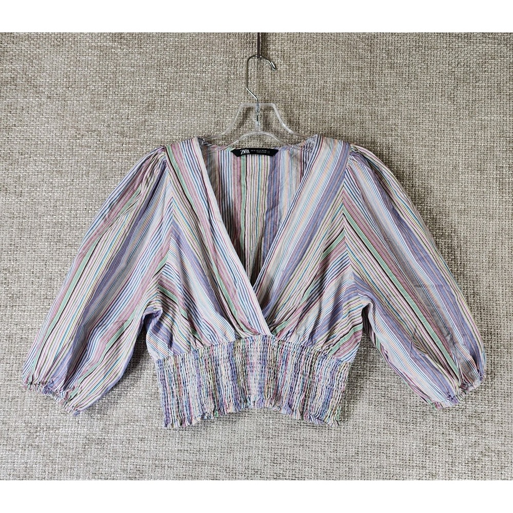 Zara Striped Faux Wrap Smocked Crop Top Blouse Womens S Rainbow 100% Cotton